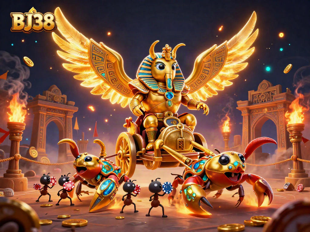 BJ38 captivates players with a dazzling 3D illustration of a golden scarab beetle and gambling themes.