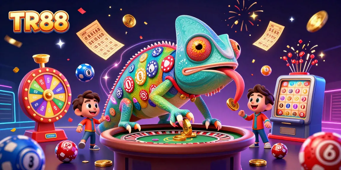 TR88 chameleon casino owner engaging players with vivid game elements in a dynamic, colorful illustration.