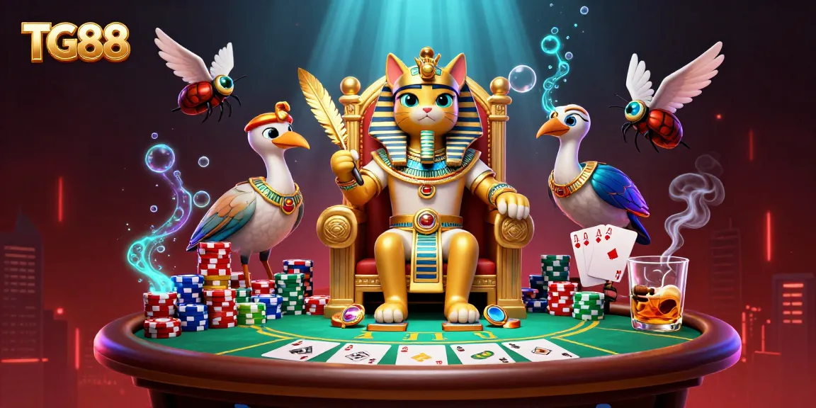 Engage with TG88’s vibrant casino adventure featuring the pharaoh cat and poker elements.