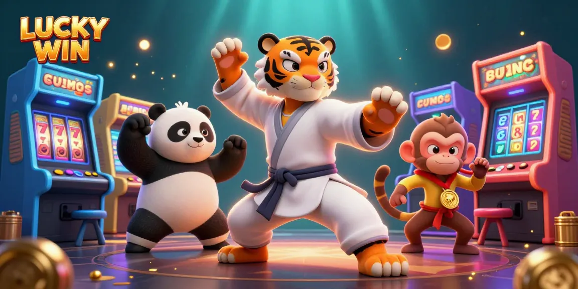 Experience the thrill of LUCKY WIN with engaging 3D slot machines and playful characters in this casino-inspired illustration.