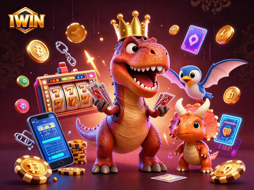IWIN showcases a T-Rex shuffling cards, surrounded by vibrant slot reels and crypto coins in a fun casino scene.