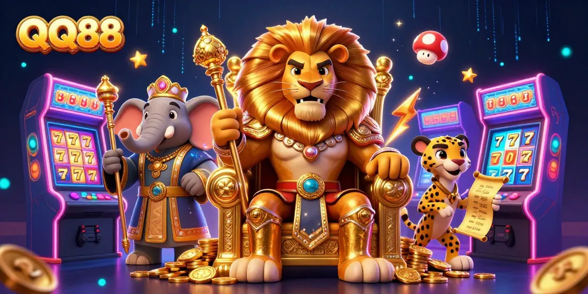Experience thrilling bets at QQ88, illustrated with a fierce lion king and colorful game elements.