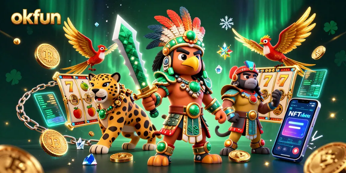 Spin the reels with okfun's captivating Aztec warriors amid vibrant slot game symbols and crypto elements.