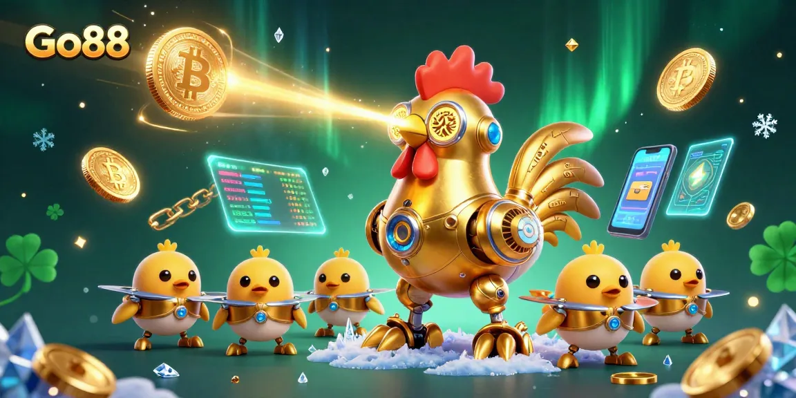 Engage in thrilling gameplay with Go88's vibrant golden rooster robot and crypto elements.