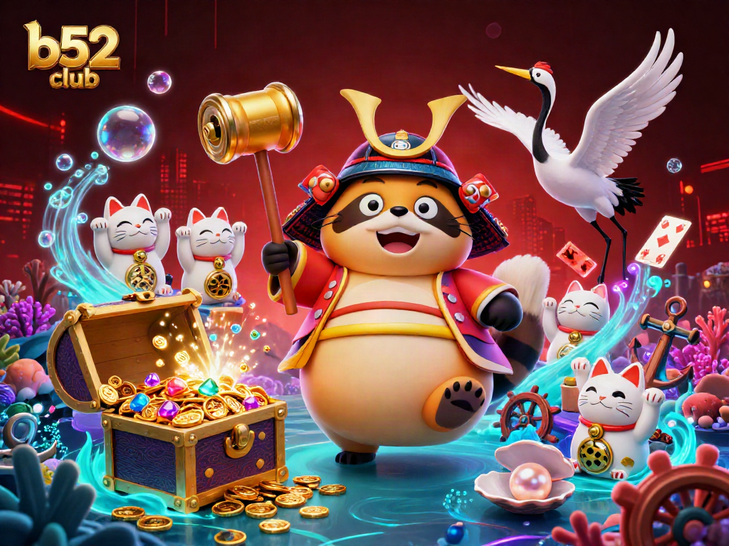 Experience the excitement of b52 club with vibrant 3D characters and dynamic treasure elements, immersing players in a thrilling casino atmosphere.