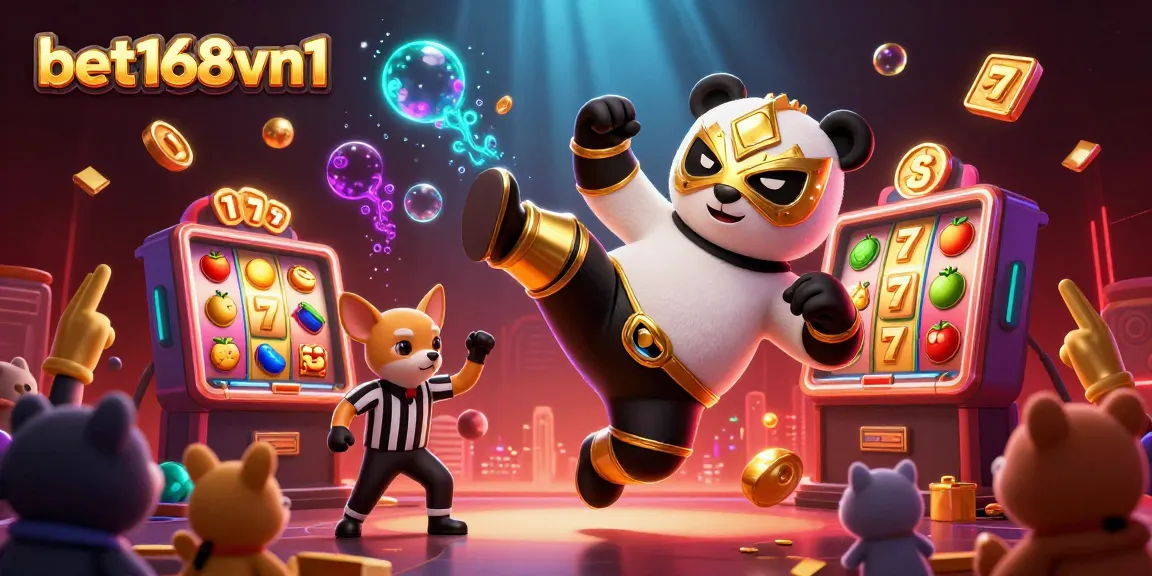 Experience thrilling jackpots at bet168vn1 with a dynamic casino scene featuring animated characters and vibrant symbols.