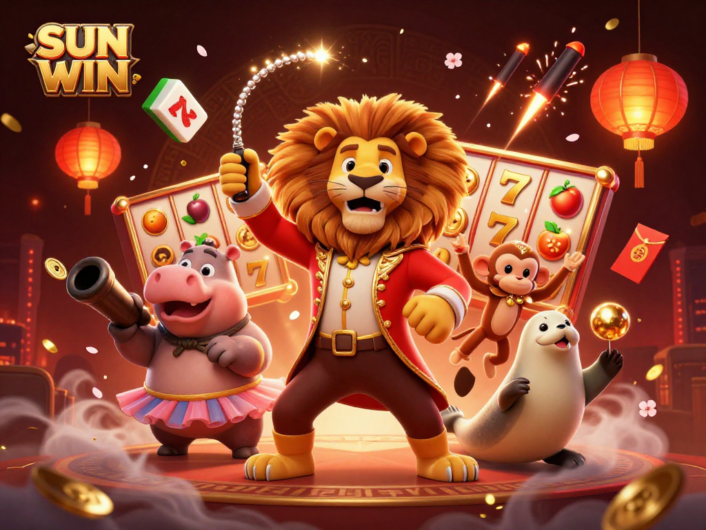 Experience SUN WIN excitement in a vibrant 3D scene with lucky slots and engaging characters!