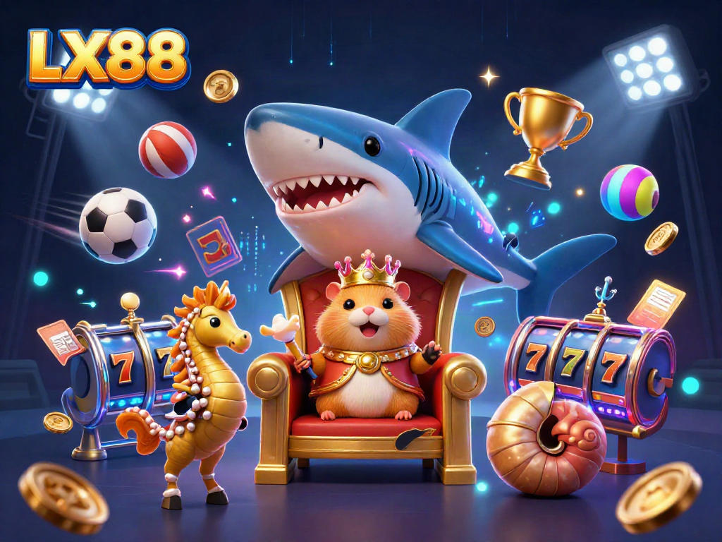 Experience thrilling wins and excitement with LX88 in this vibrant 3D casino scene filled with action.