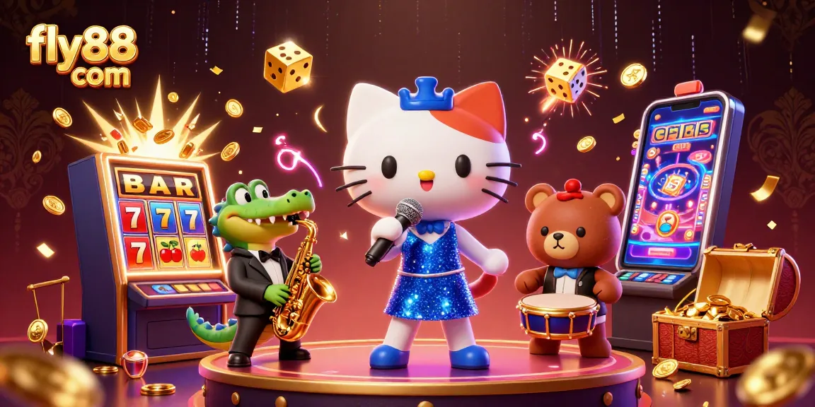 Win big at fly88 com with a lively casino scene featuring a jazz-singer cat and dynamic gaming elements.