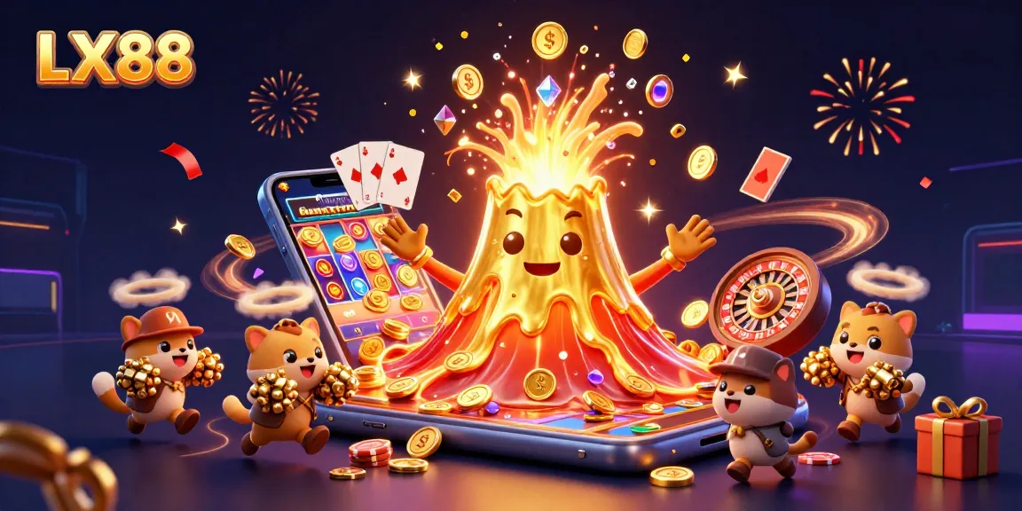 LX88 online casino features a 3D volcano erupting coins with explorers amidst slot games and poker action.