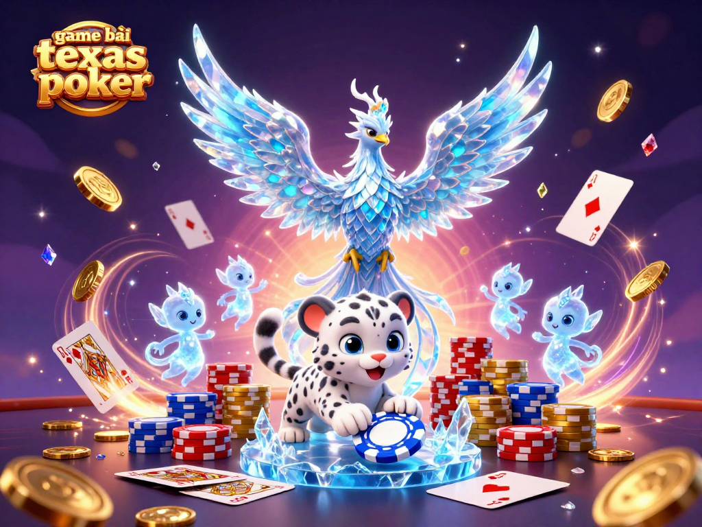 Engage in game bài texas poker with vibrant 3D characters and dynamic casino elements surrounding the scene.