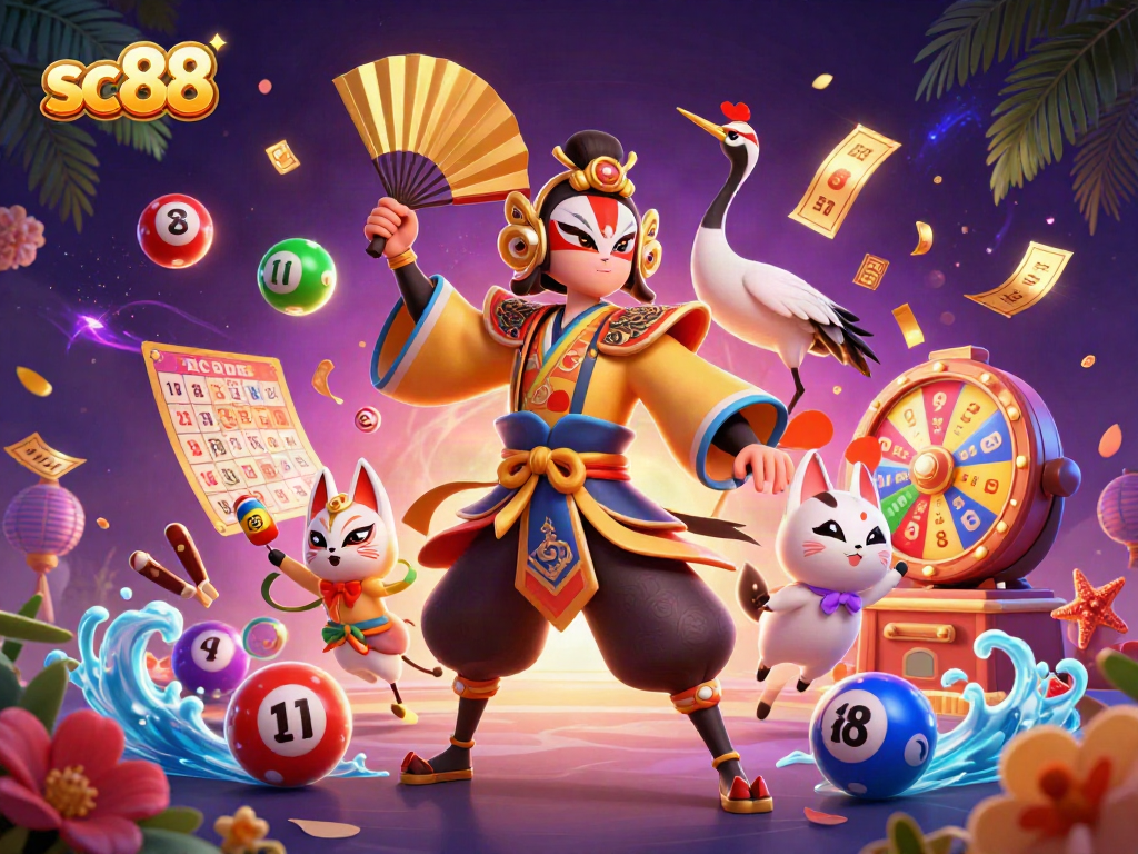 Engage with the exciting sc88 casino scene illustrated with vibrant lottery elements and mystical characters.