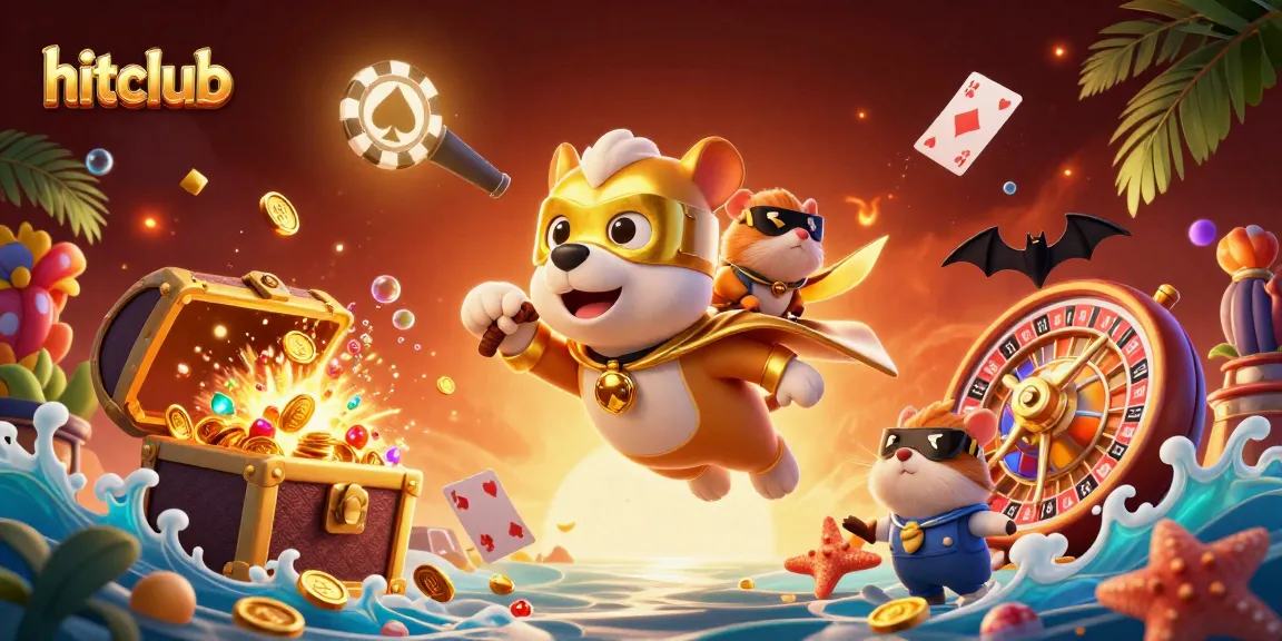 Flying superhero dog from hitclub carrying gold coins amidst casino-themed elements, illustrating a vibrant gaming world.