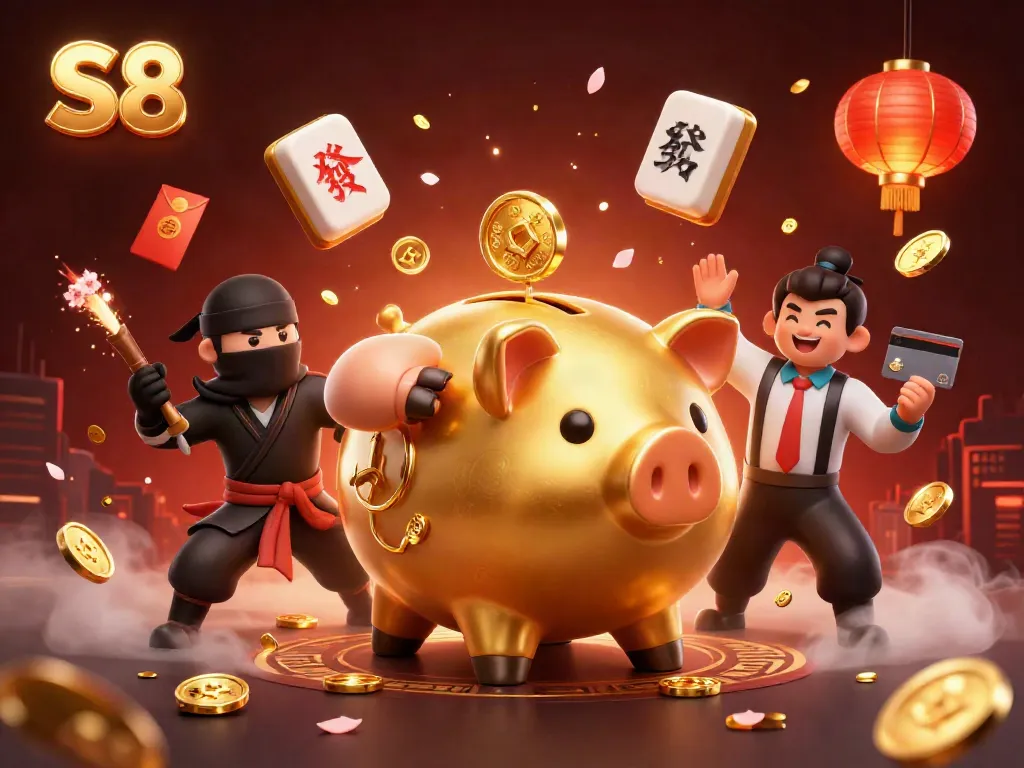 Engage with S8's unique gaming features with a dynamic scene showcasing a piggy bank sumo wrestler, bringing in golden coins.