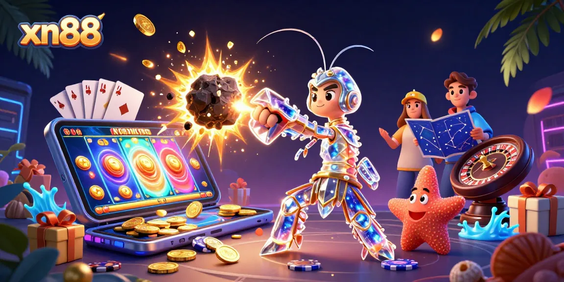Experience thrilling gaming at xn88 with cartoon characters amidst a vibrant 3D casino backdrop.