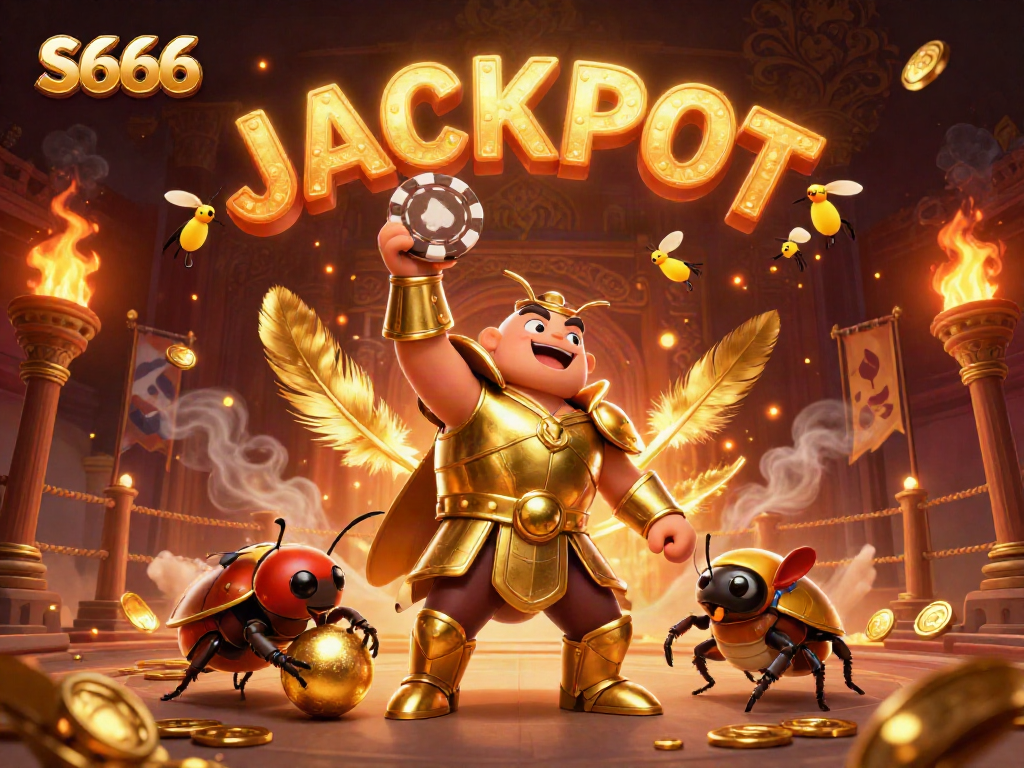 Experience the excitement of S666 as a victorious beetle lifts a poker chip amidst a dazzling casino scene.
