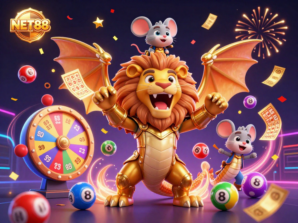 Experience NET88 excitement with a vibrant 3D scene of a chimera and gaming elements.