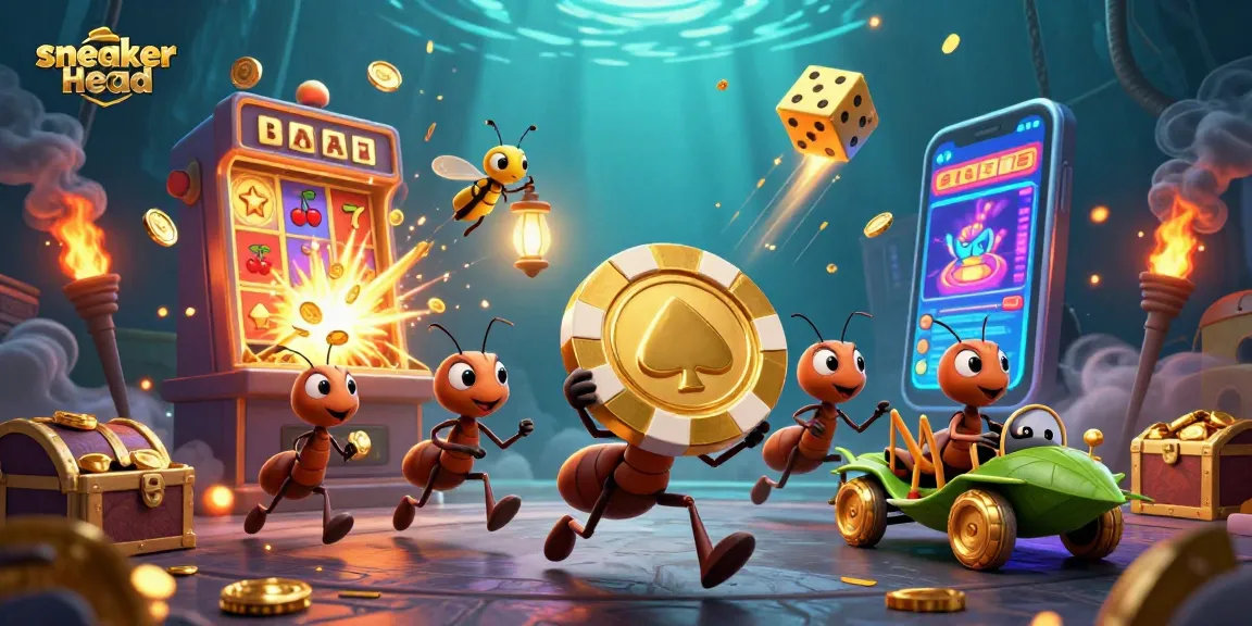 Engage with the sneakerhead theme in this vibrant, detailed casino heist illustration featuring ants and a grasshopper escape.