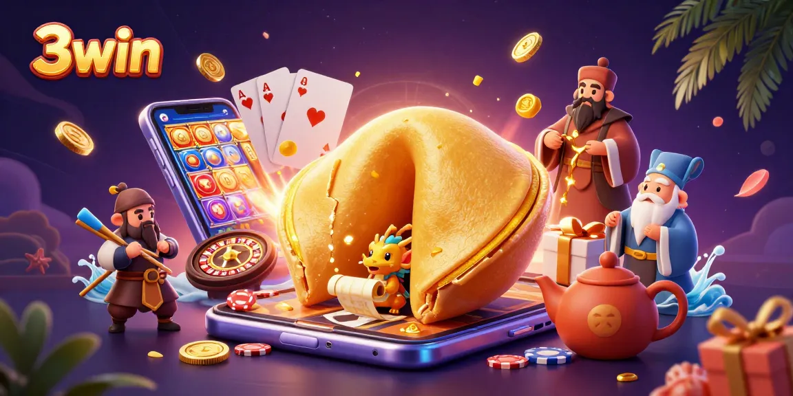 Experience 3win's vibrant casino magic with a golden fortune cookie and wise dragon, showcasing dynamic gaming elements.