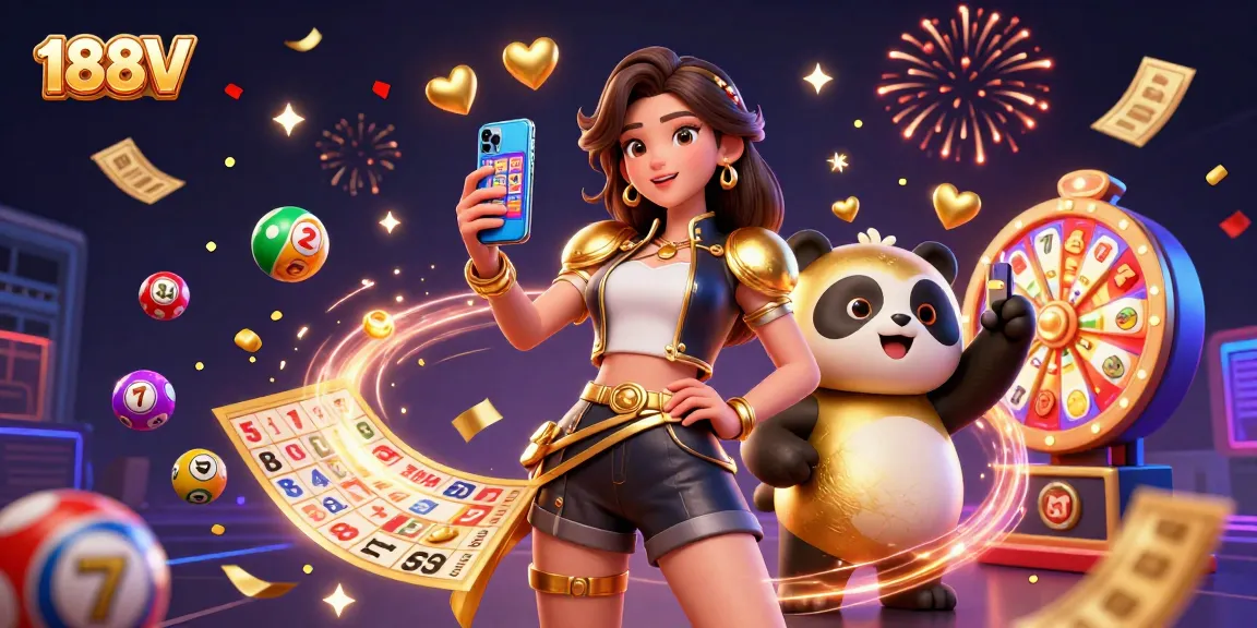 Play with 188V as golden panda mascot celebrates alongside a stylish Asian woman showcasing slot games.