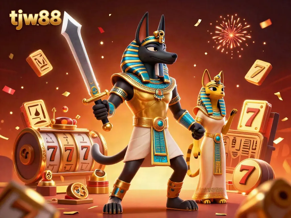 Join the thrilling fun at tjw88 casino with this vibrant illustration featuring Anubis and Bastet amidst lively gaming elements.