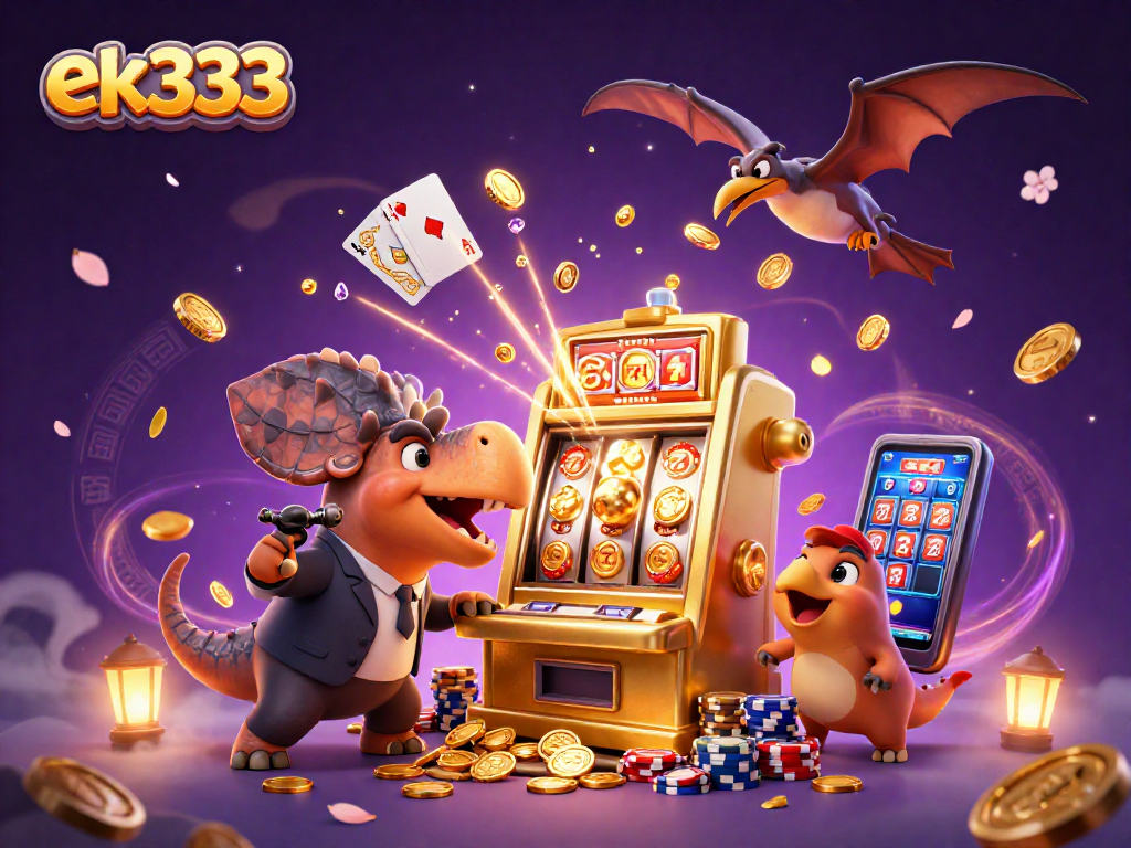 ek333 প্ল্যাটফর্মের সোনালী স্লট মেশিনে jackpot জেতানোর জন্য মাথা ঠুকে পর্বতাকার পোকাসর থেকে সোনা উড়ছে, যা আকর্ষণ করে।