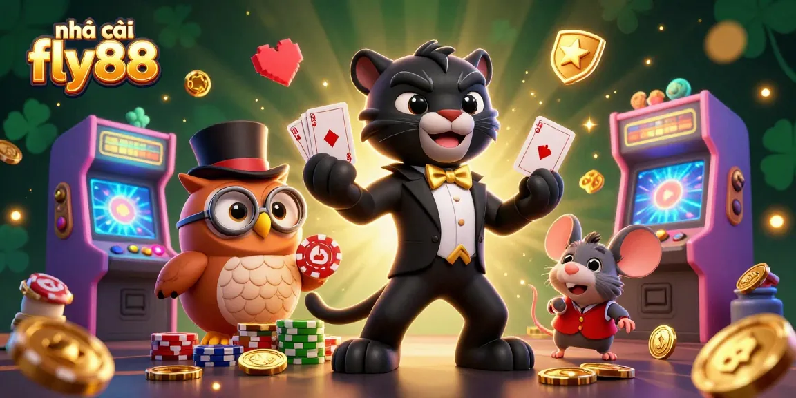 Engage in thrilling action with nhà cái fly88 featuring a stylish panther dealing cards and an owl with poker chips.