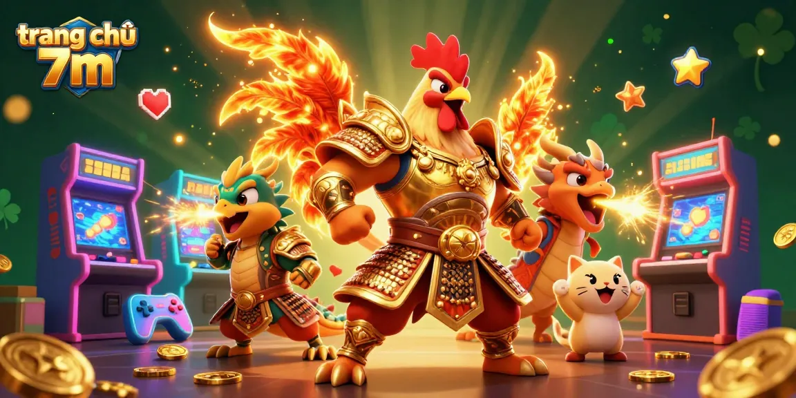 Experience the dynamic action of trang chủ 7m with a powerful rooster warrior and dragon in a vibrant casino adventure.