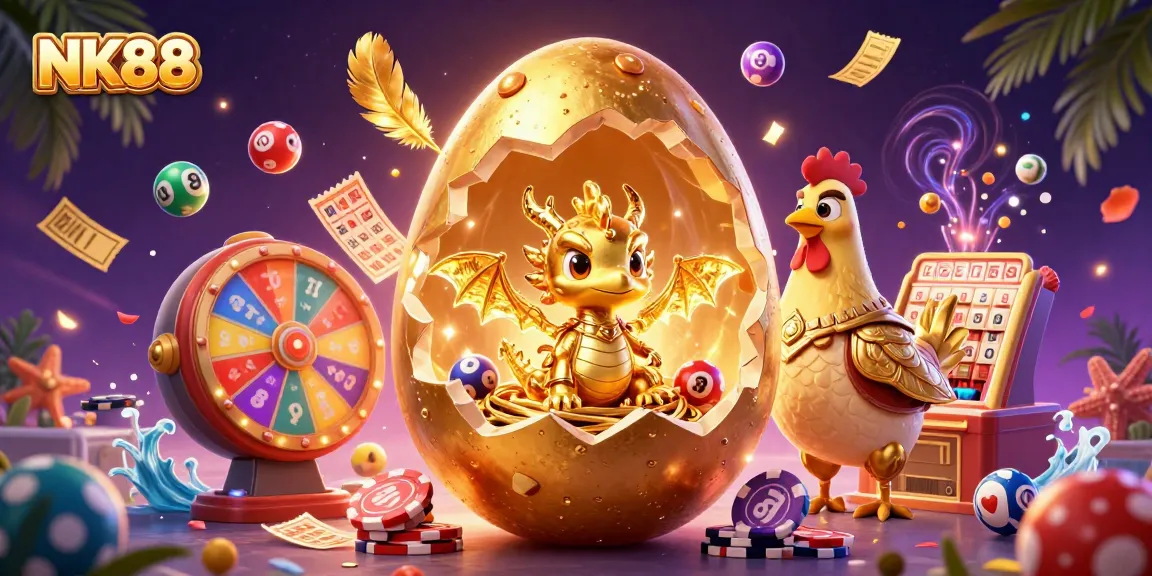 Experience thrilling gaming moments at NK88 with a golden dragon and vibrant casino elements.