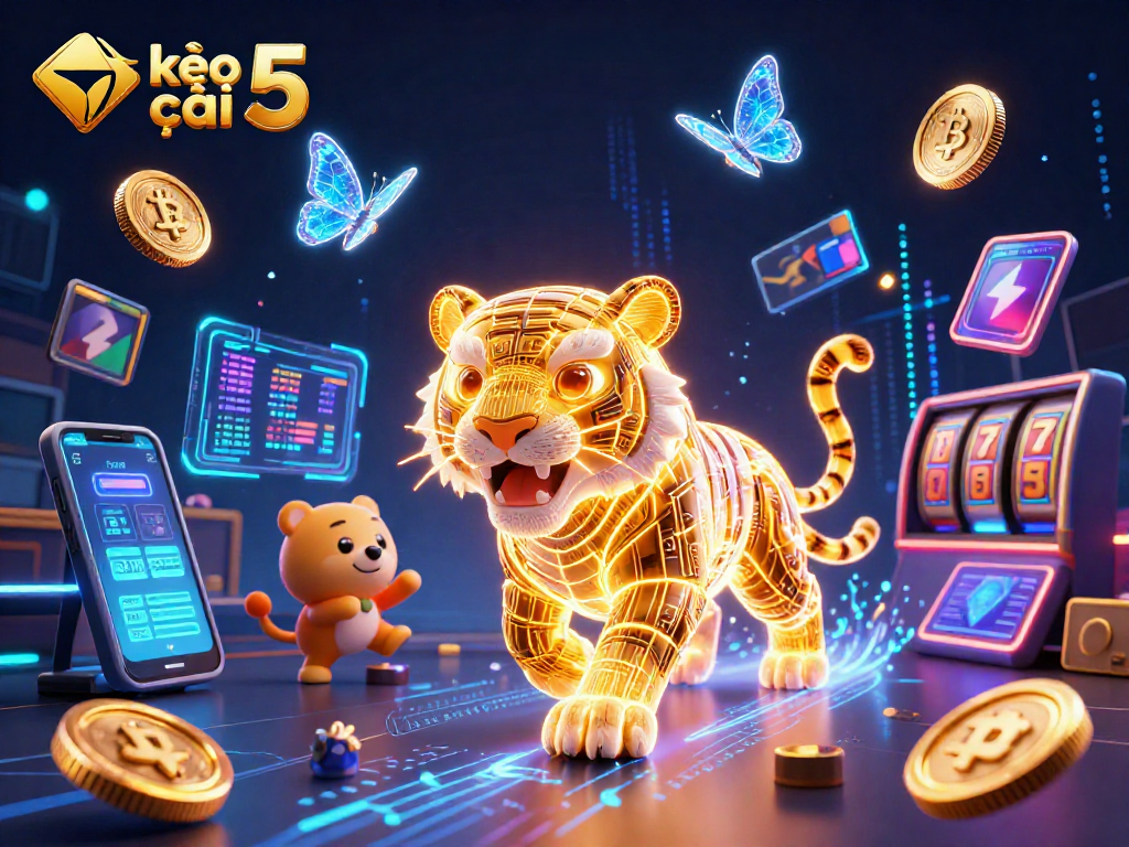 Engage in exciting gameplay with kèo nhà cái 5 at this vibrant digital casino scene featuring a golden tiger and crypto elements.