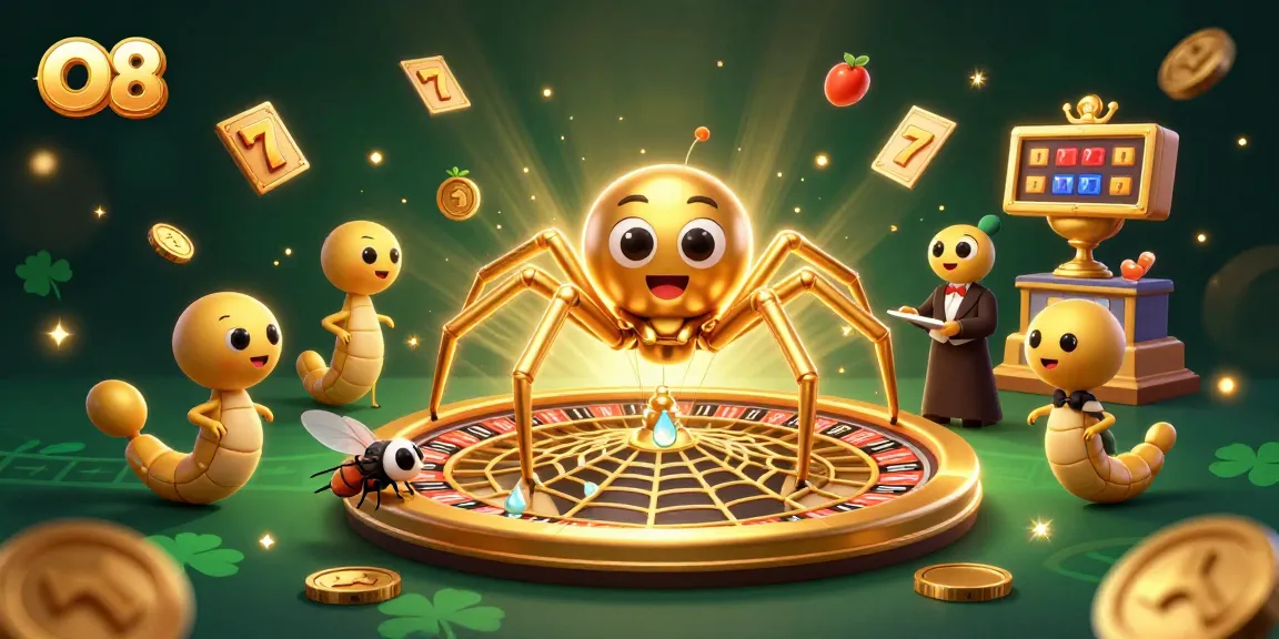 Experience thrilling O8 casino action with a golden spider spinning a roulette web amidst vibrant slot elements.