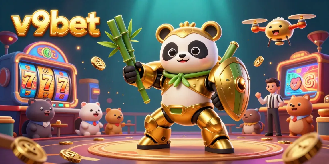 Experience thrilling gaming action at v9bet with a vibrant 3D casino scene featuring a mech-suit golden panda and dynamic game elements.