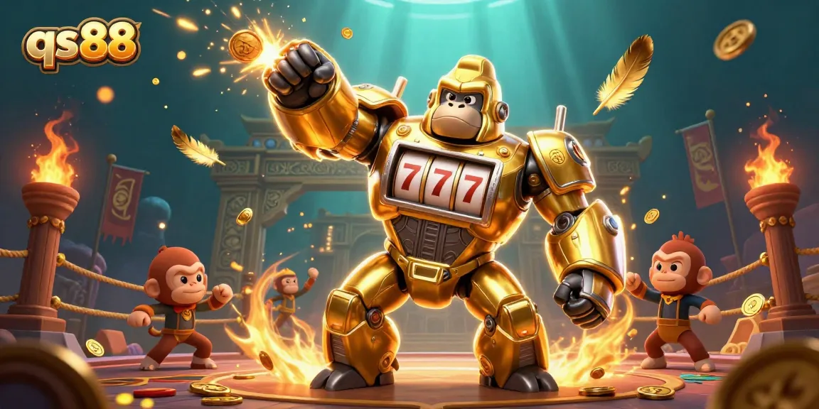 Experience thrilling gameplay at qs88 with a dynamic scene featuring a golden gorilla mech and explosive action.