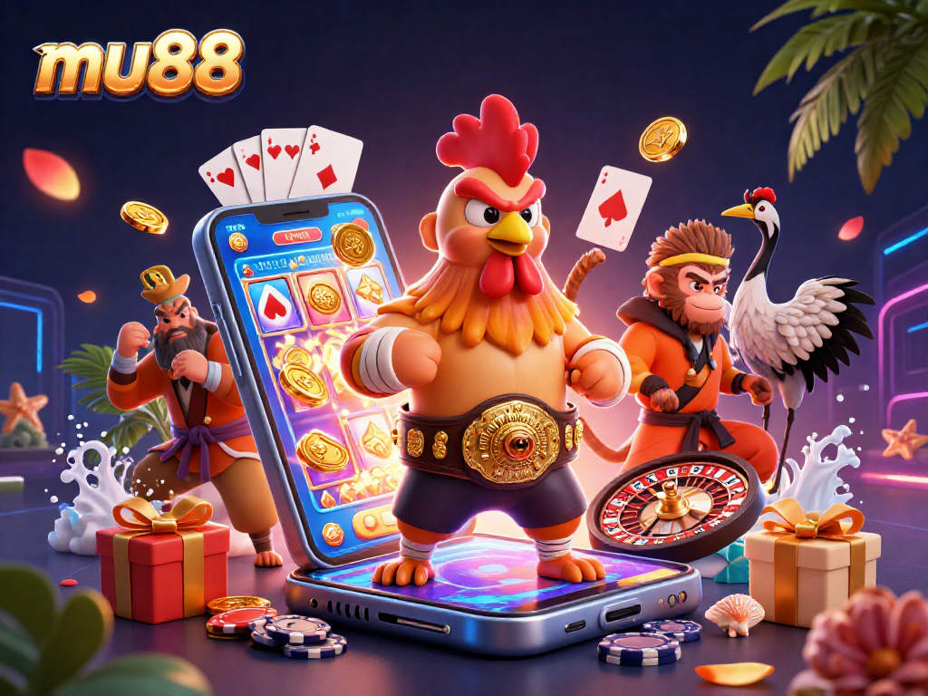 Experience the thrilling entertainment of mu88 as a fierce rooster, monkey, and crane converge in a vibrant casino scene.