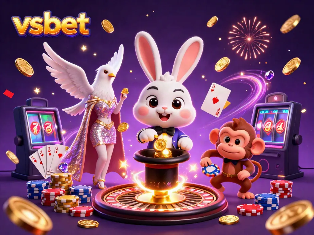 Experience the excitement of vsbet with 3D cartoon characters involved in magical gambling activities with vibrant elements.