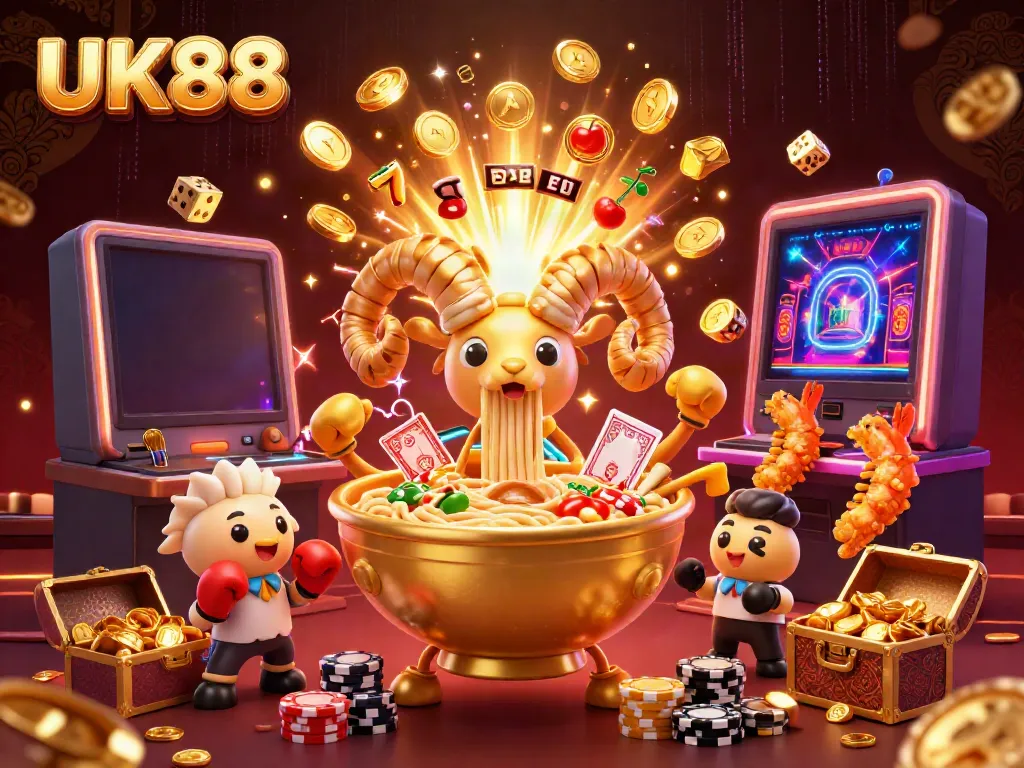 Engage with UK88's vibrant online casino, featuring characters like a giant golden ramen bowl and exciting gaming elements.