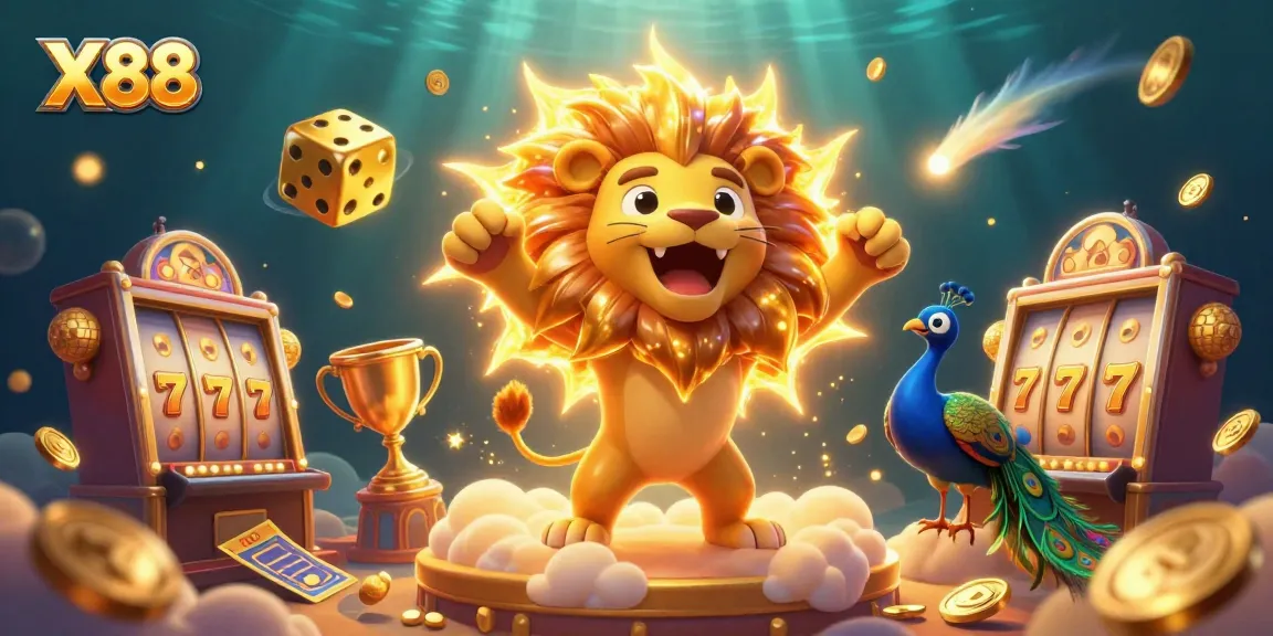 X88 players enjoying dynamic slots action surrounded by sparkles and golden elements