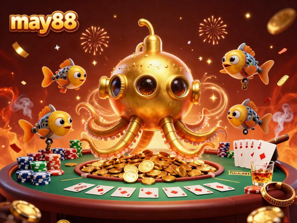 Experience the excitement of may88 with a golden kraken submarine amidst vibrant casino elements.