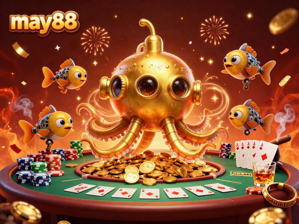 Experience the excitement of may88 with a golden kraken submarine amidst vibrant casino elements.