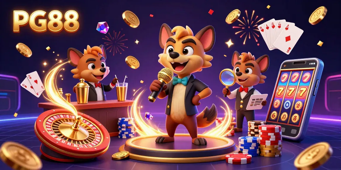 Experience the vibrant PG88 online casino with hyenas engaging in casino fun, featuring a comedian, bartender, and bouncer.