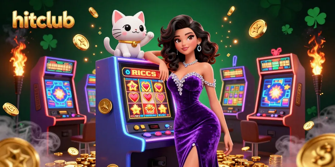 Experience jackpot thrills with hitclub in this vibrant slot machine scene featuring a glamorous woman and a fortune cat.
