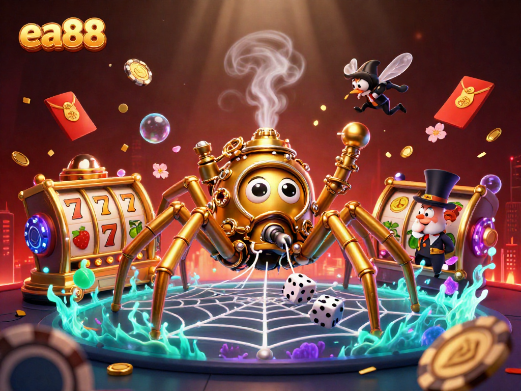 ea88 showcases a vibrant 3D casino scene with a steampunk spider and vibrant game elements.
