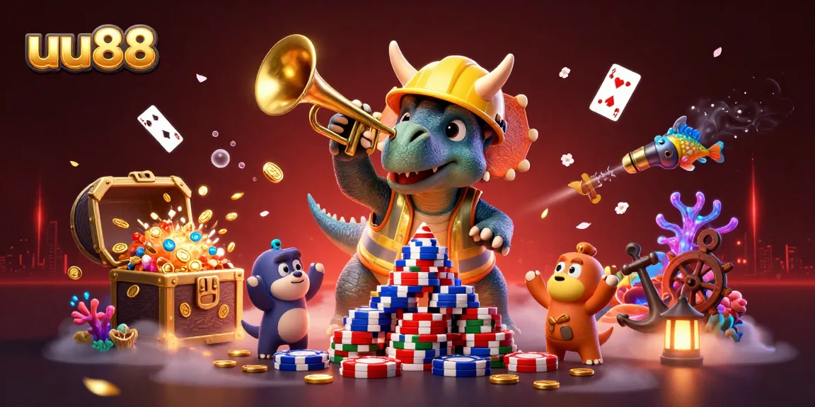 uu88 players celebrate as cartoon characters build poker chip pyramids surrounded by cheerful elements.