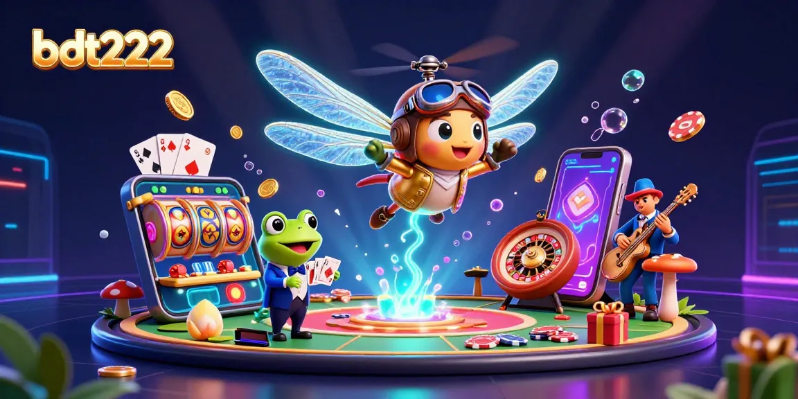 Engage with bdt222's vibrant gaming ecosystem featuring dynamic casino elements and colorful characters.