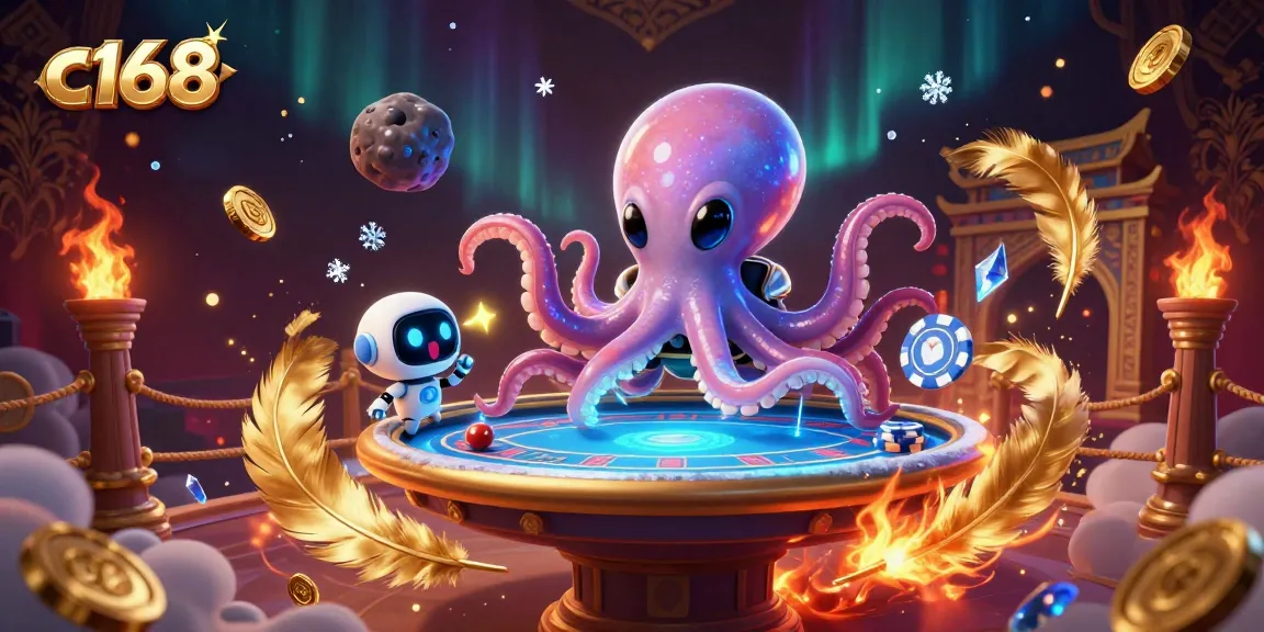 C168's energetic alien octopus poker scene showcasing casino excitement with vibrant visuals.