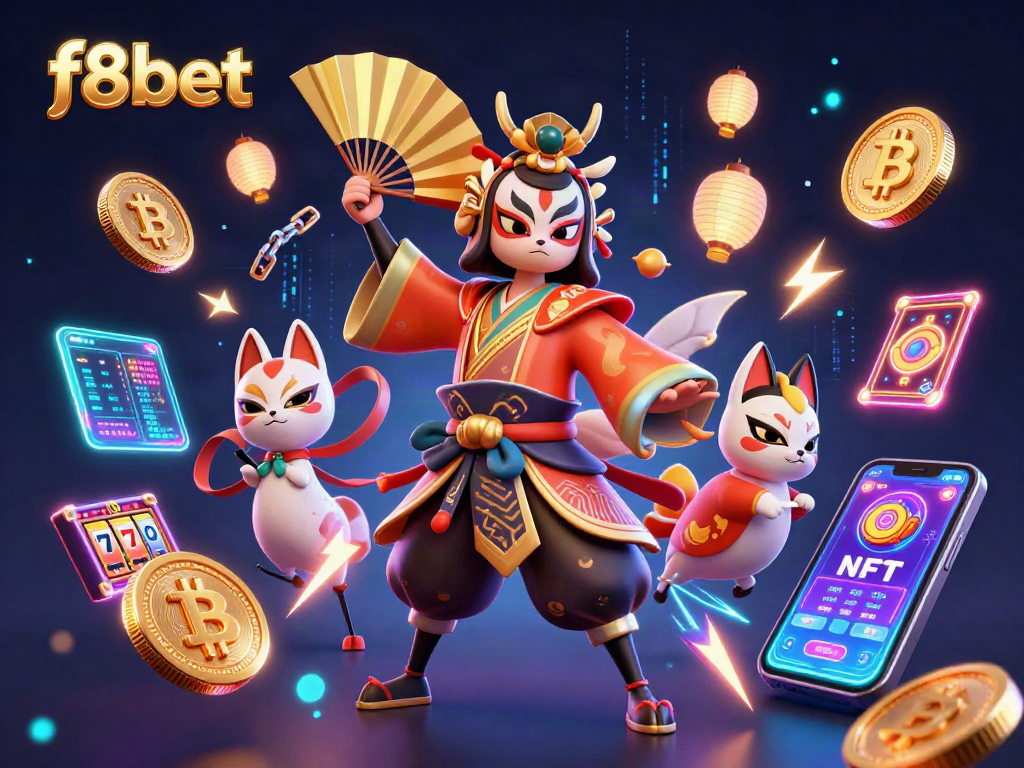 Spin and win at f8bet, featuring a vibrant casino scene with kabuki warriors and crypto elements.