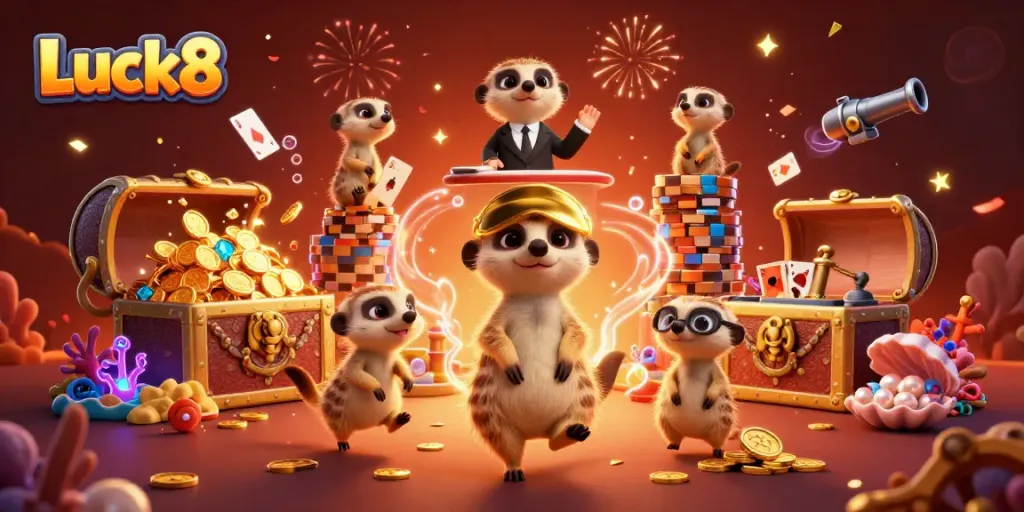 Luck8's animated meerkat casino featuring dynamic characters, gold coins and vibrant treasures.