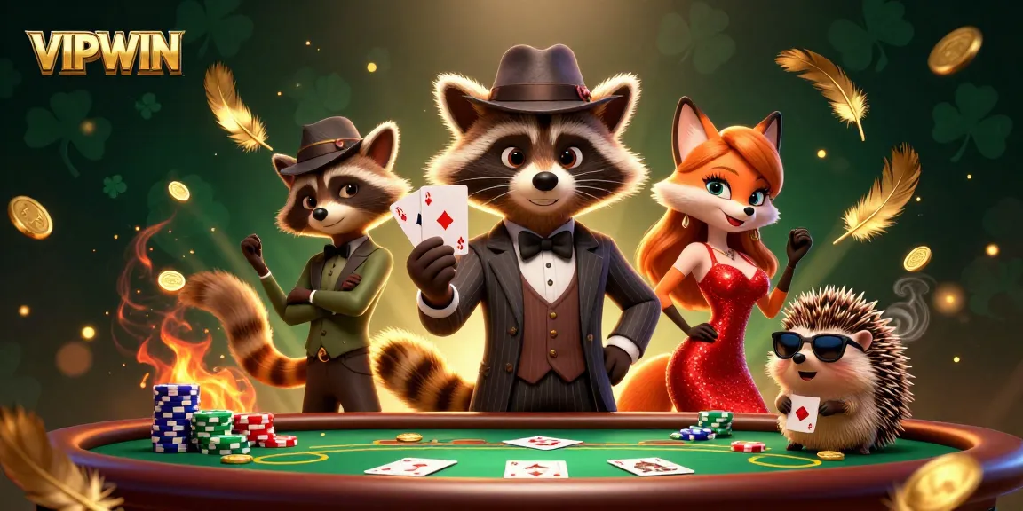 Bet on your winnings with VIPWIN as a suave raccoon plays poker with friends.