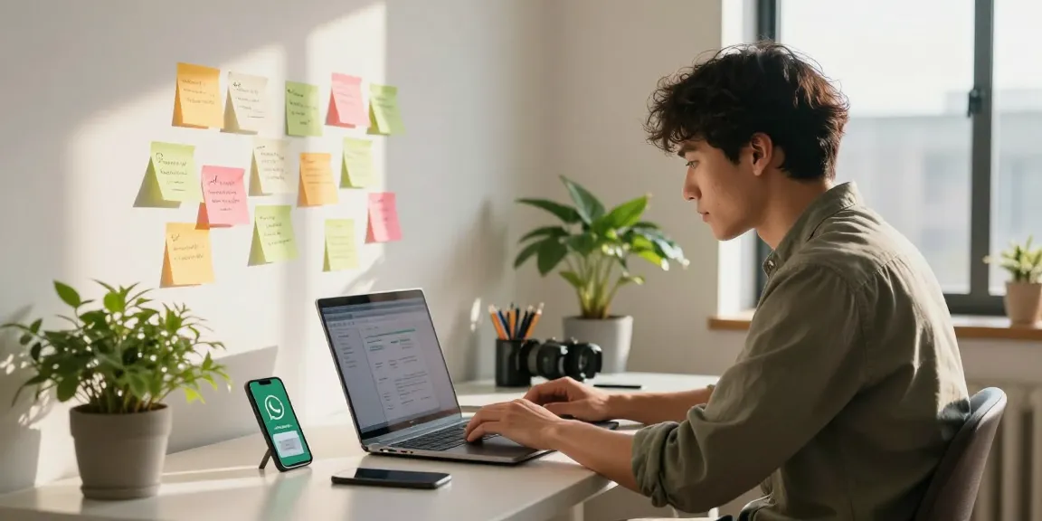 WhatsApp下載 interface displayed on smartphone in a vibrant home office.