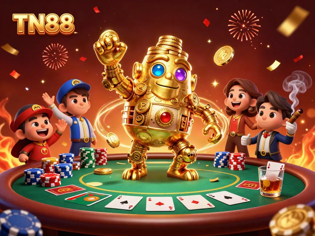 Engage with the TN88 casino experience featuring a golden golem amid a vibrant poker scene.